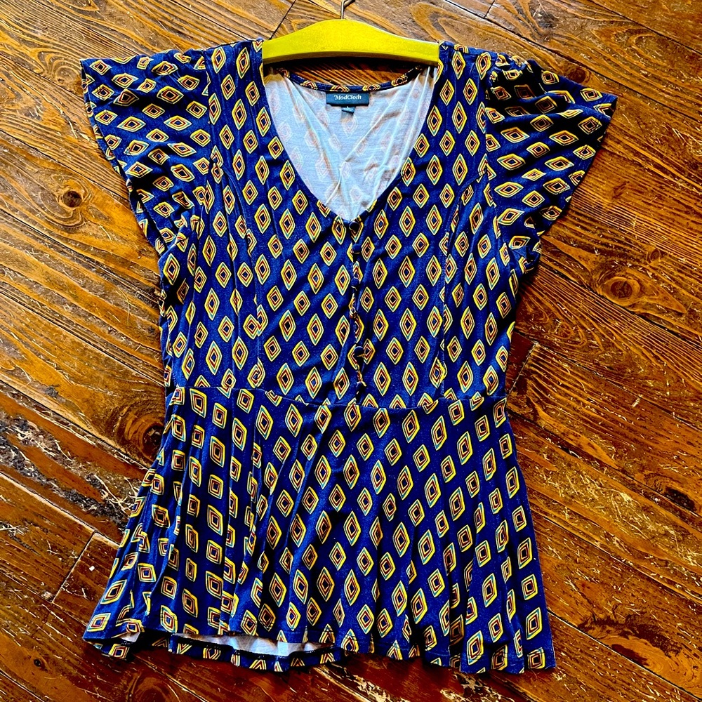 Navy Peplum Top Short Flutter Sleeves Size L